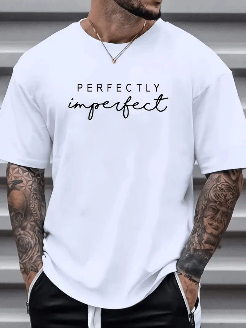 erkekler için Ön Arka Baskılı PERFECTLY günlük Kısa Kol tişört - Beyaz
