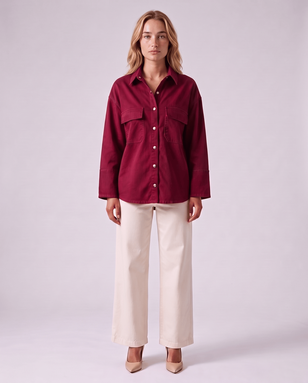 Bold & Young Kadın Bordo Çıtçıtlı Çift Cepli Rahat Kalıp Gömlek