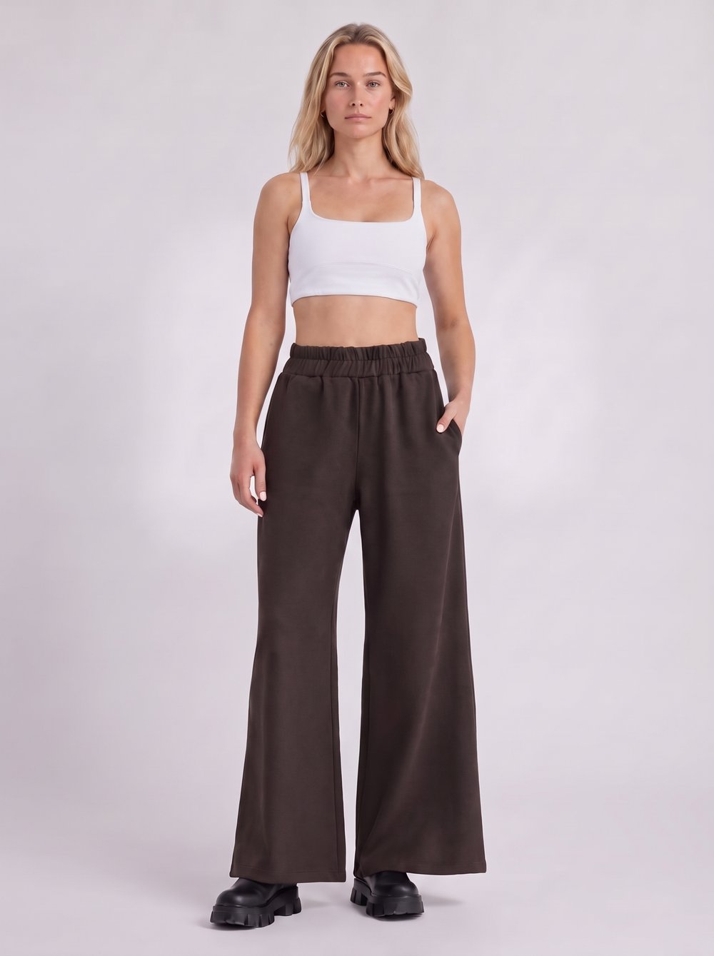 Bold & Young Kadın Kahverengi Çelik Örme Beli Lastikli Cepli Bol Paça Pantolon