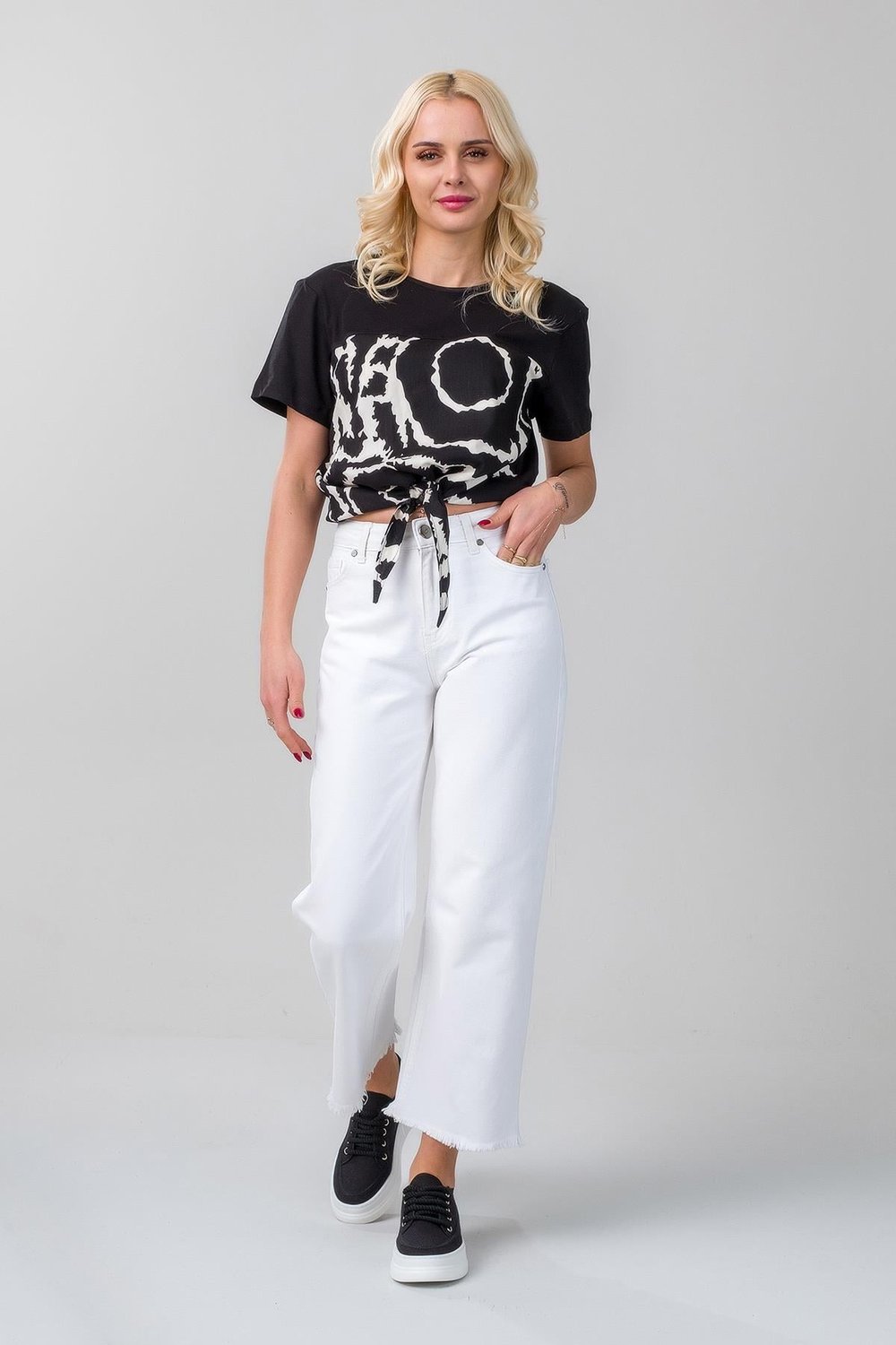 Kadın Bağlamalı Baskılı Viskon Kombinli Likralı Örme Kumaş Sıfır Yaka Tshirt