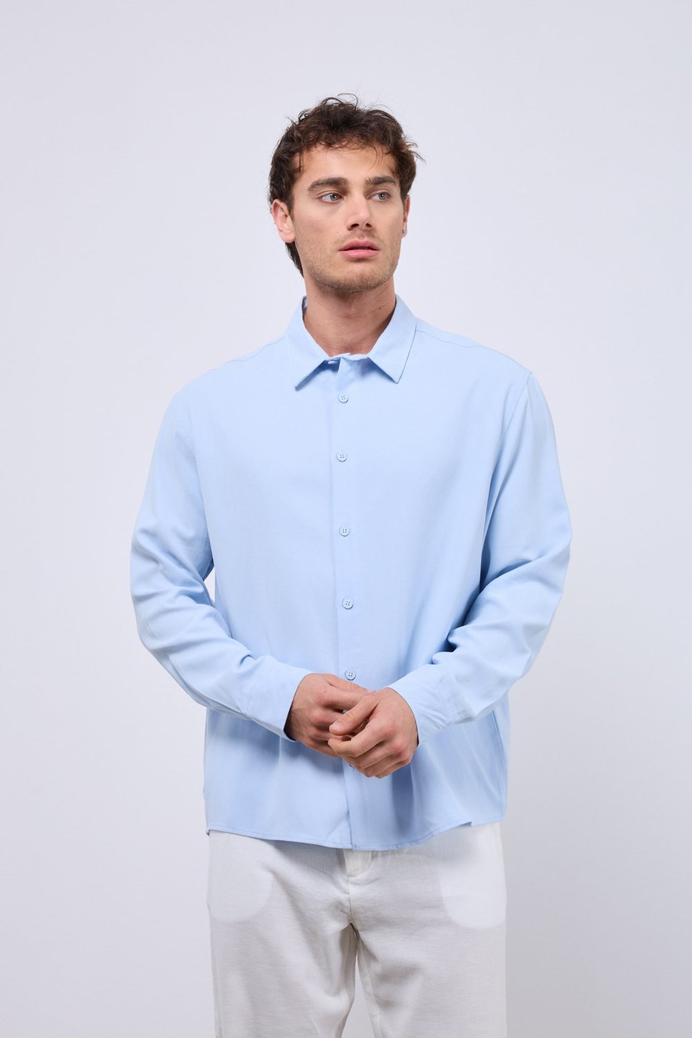 %100 Tensel Oversize Yıkamalı Gömlek Mavi