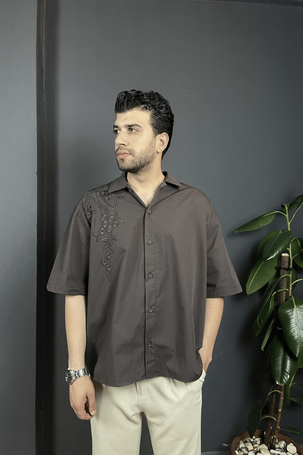 Acı Kahve Nakış Detaylı Oversize Gömlek 