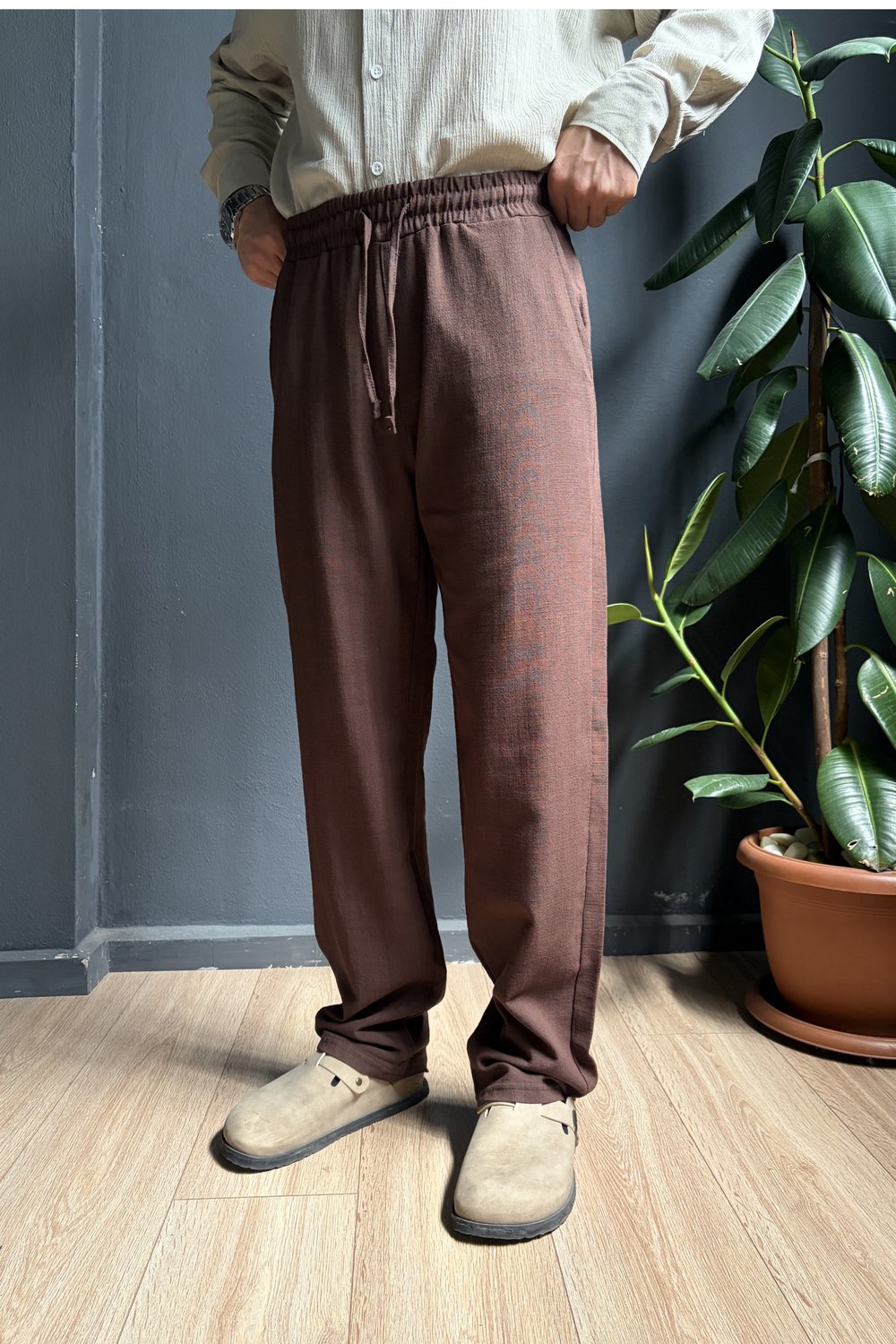 Kahverengi Beli Lastikli Baggy Keten Pantolon