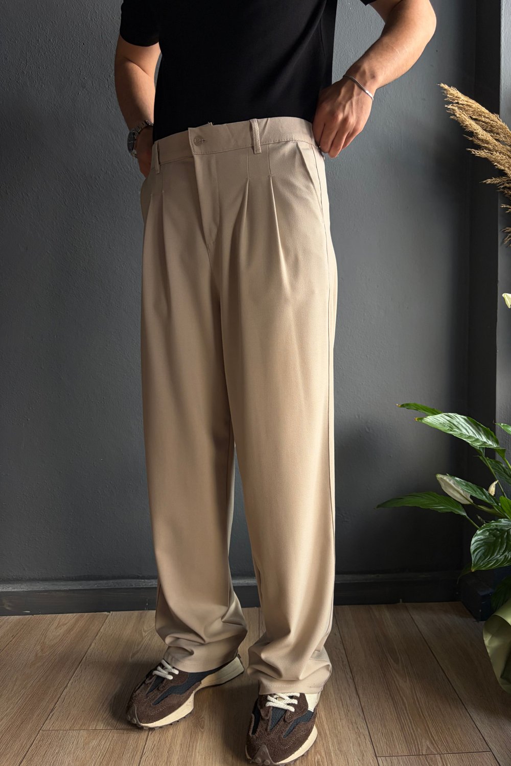 Krem Exstra Baggy Kumaş Pantolon