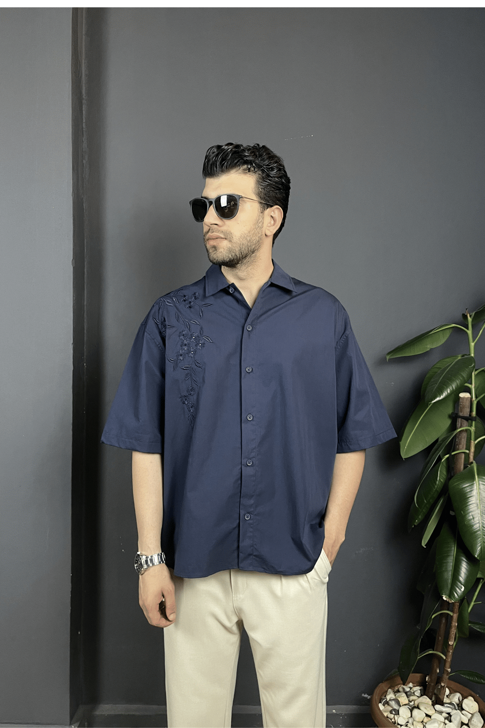 Lacivert Nakış Detaylı Oversize Gömlek 