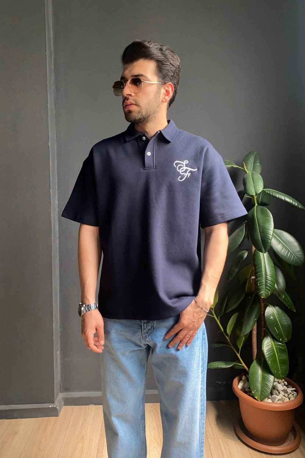 Lacivert Pike Kumaş Göğüs Nakışlı Polo Yaka Tişört