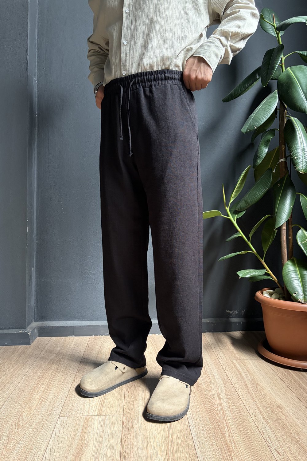Siyah Beli Lastikli Baggy Keten Pantolon