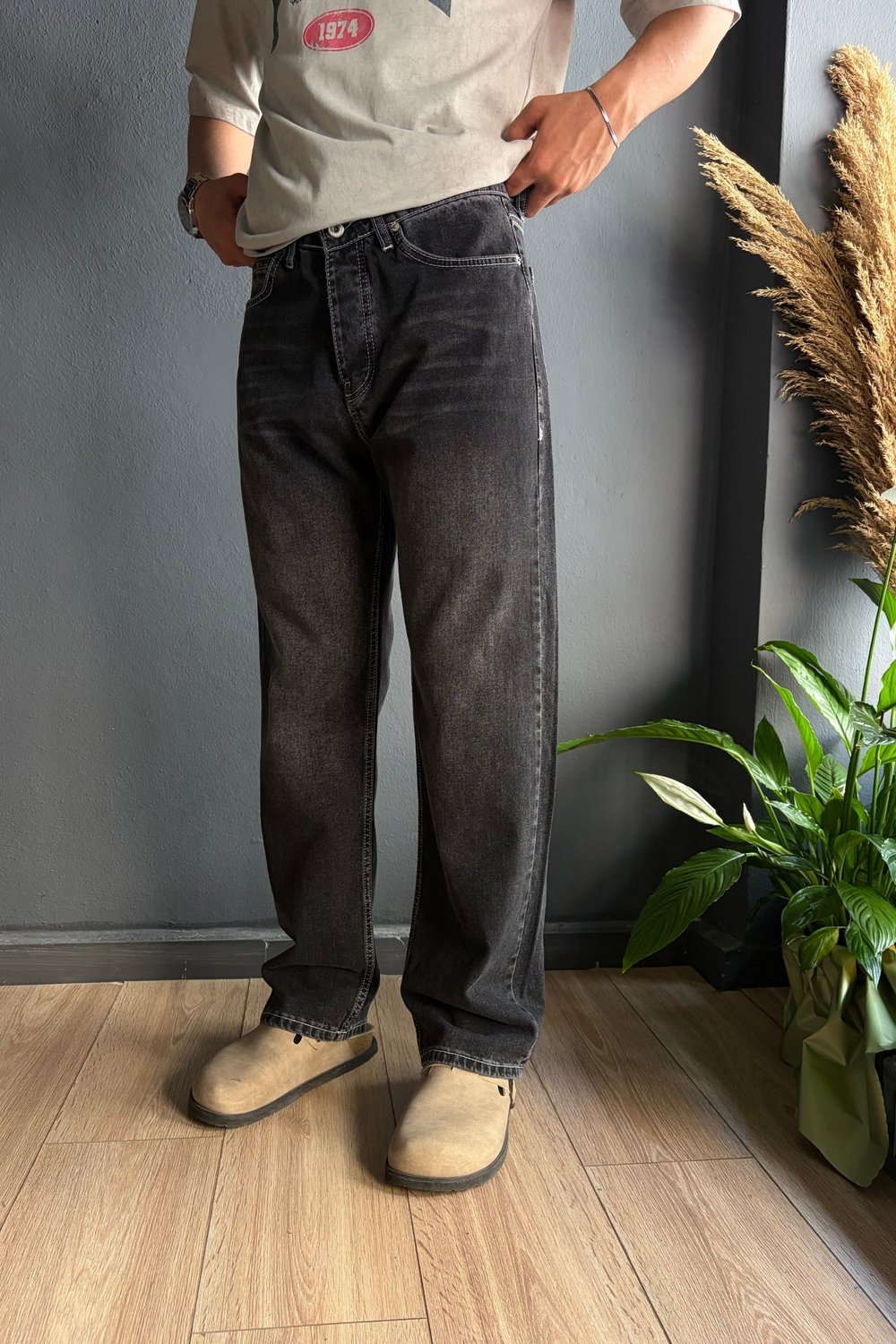 Siyah Dikiş Detaylı Baggy Jean