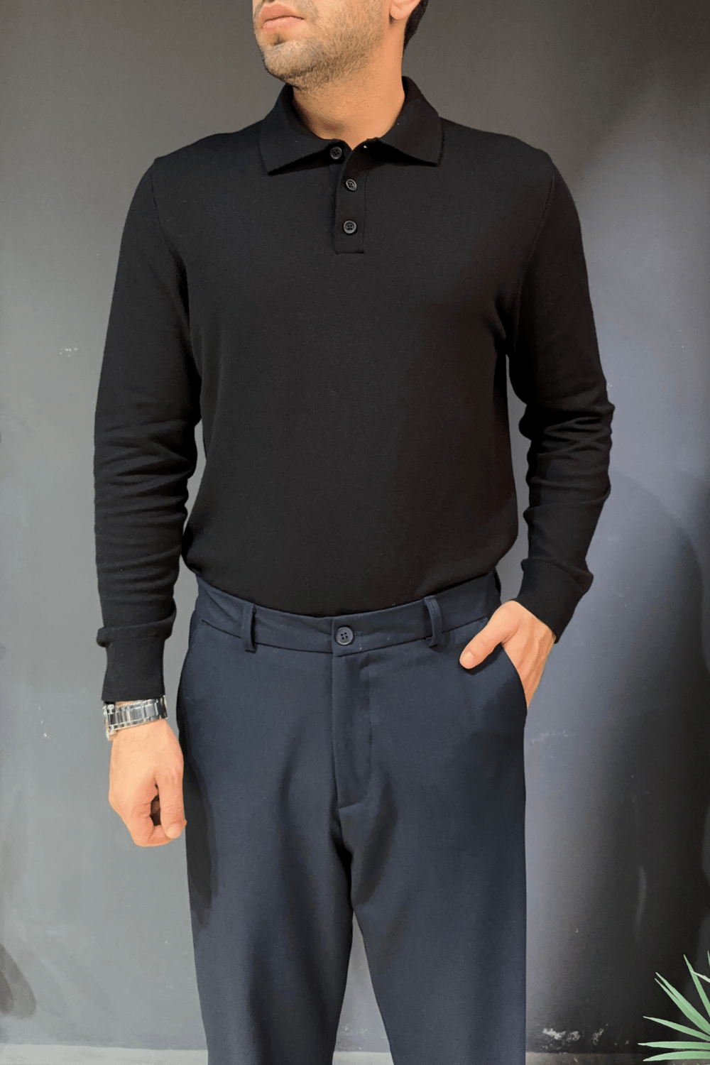 Siyah Polo Yaka Triko Kazak
