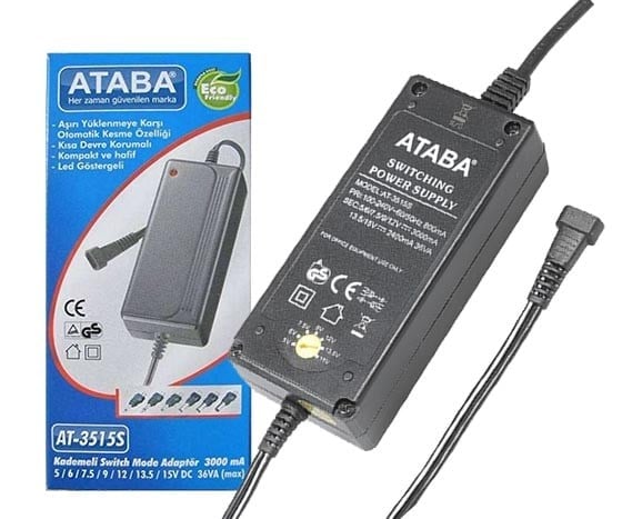 ATABA AT-3515S 5 VOLT - 15 VOLT - 3 AMPER PLASTİK KASA MASAÜSTÜ ADAPTÖR