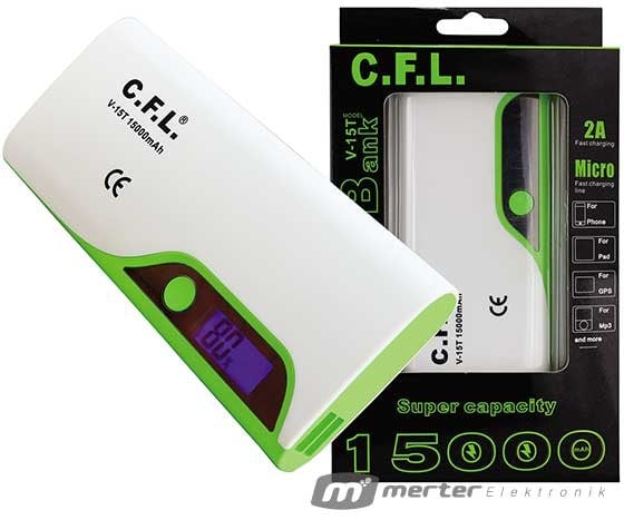 CFL V15T 15000 MAH 1A-2A ÇİFT ÇIKIŞLI LCD EKRANLI POWERBANK