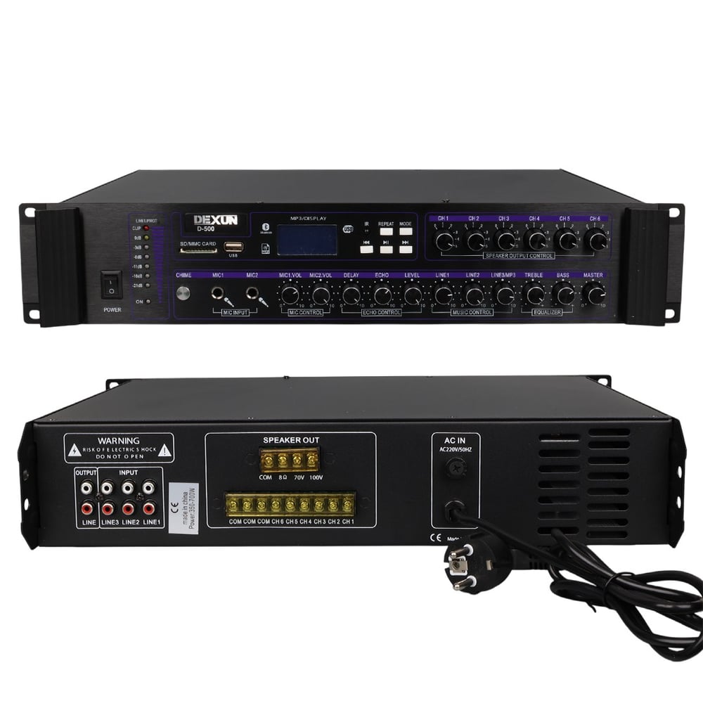 DEXUN D-500 350-700 W 100V/70V/4-16 OHM USB/SD/BT 6 BÖLGELİ 2 MİK 3 AUX GİRİŞLİ TRAFOLU MIXER ANFİ