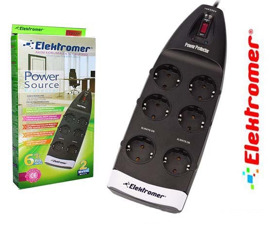 ELEKTROMER 6'LI 2 METRE 6'LI 2 METRE SİYAH AKIM KORUMALI PRİZ