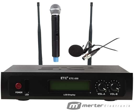 ETC-550 UHF DOUBLE CHANNELS 1EL+1YAKA KABLOSUZ TELSİZ MİKROFON