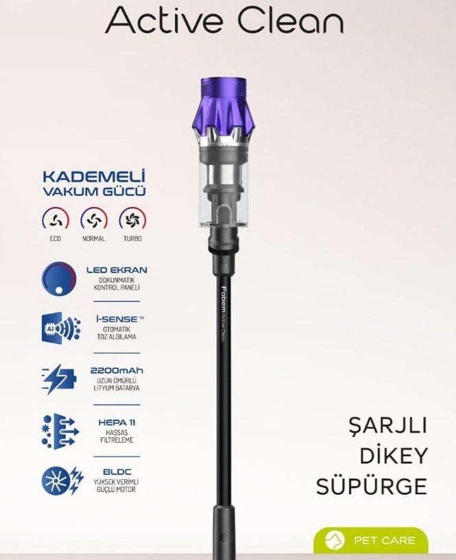 FOBEM ACTIVE CLEAN DİJİTAL EKRAN 2200MAH DOKUNMATİK KONTROL PANEL ŞARJLI DİKEY SÜPÜRGE