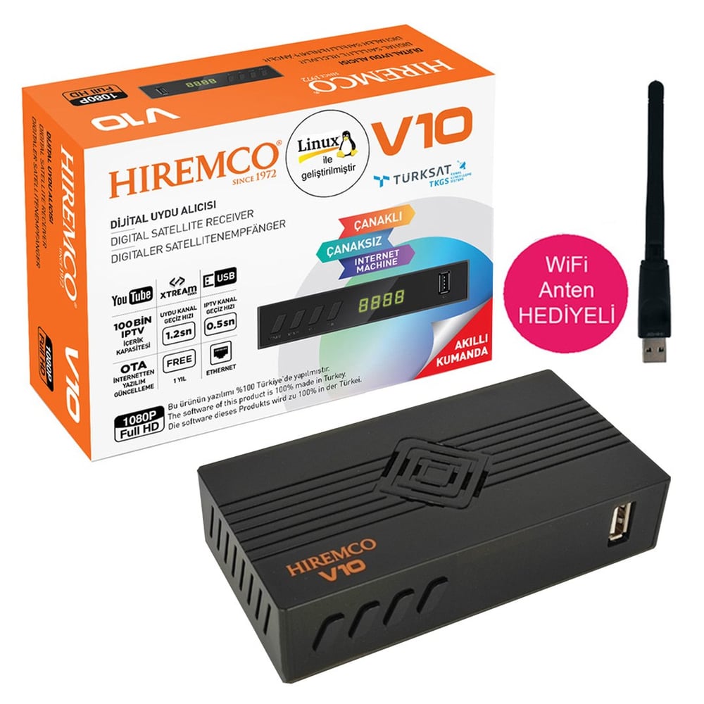 HIREMCO V10 ETHERNET'Lİ USB GİRİŞLİ YOUTUBE ÖZELLİKLİ LINUX TABANLI WİFİ ANTENLİ FULL HD UYDU ALICISI