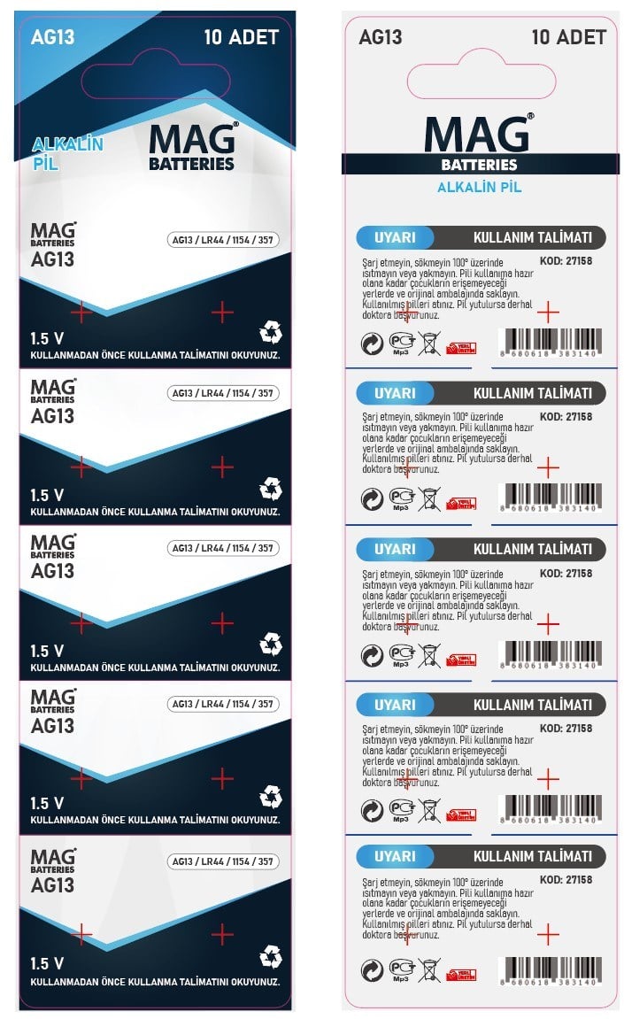 MAG BATTERIES MG-27158 AG13 LR44 1.5V ALKALİN DÜĞME PİL (10'LU PAKET)