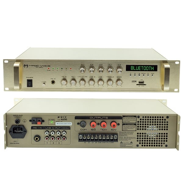 MAGICVOICE MV-450U 450W 100V/70V/4-16 OHM USB/SD/UK/BT-5 BÖLGELİ 2 MİK 3 LİNE GRİŞ TRAFOLU ANFİ