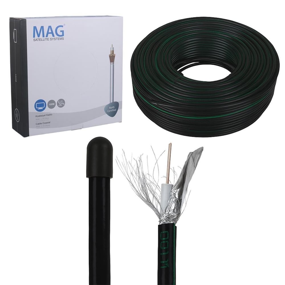 Mag Rg6/U6 Bakır Cu/Cu 80 Tel Siyah Anten Kablosu (100 Metre)