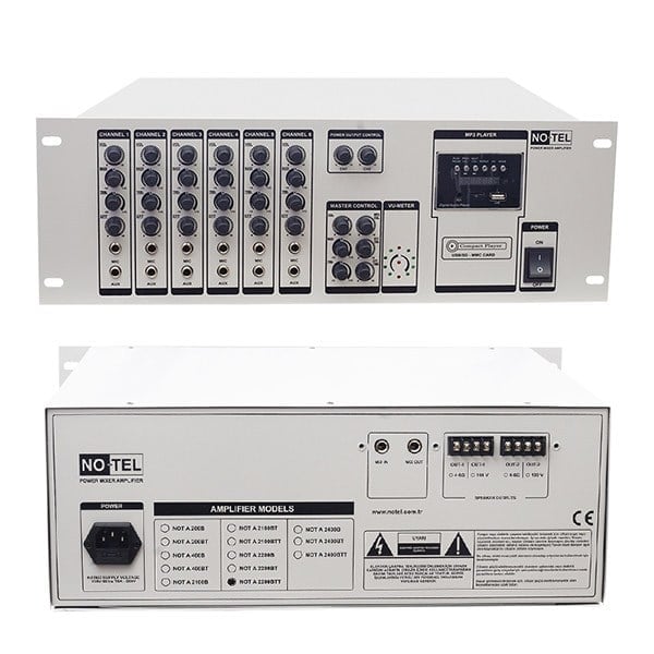 NOTEL NOT-A-2200BTT 2X200 W 4-8 /70/100V-USB-6 MİK-6 LINE GİRŞ EKO ÇİFT ÇIKIŞLI USB/SD TRAFOLU ANFİ
