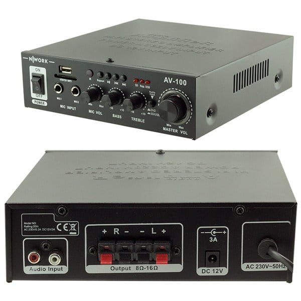 NWORK AV-100 MİNİ USB*SD-12V-220V VOLT 2 MİK 15 W TRAFOSUZ ANFİ