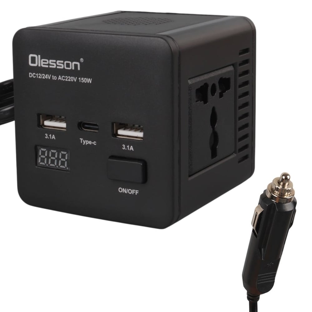 OLESSON 1663 DC 12-24V 150W OTO ARAÇ POWER İNVERTER TYPE-C - ÇİFT USB'Lİ - 220V ÜNİVERSAL PRİZ