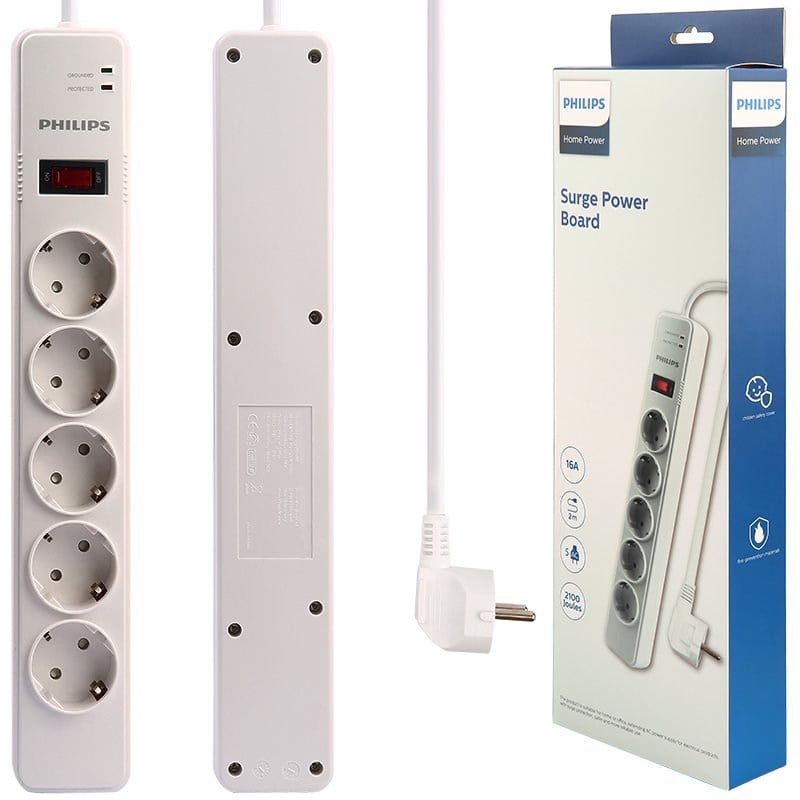 PHILIPS SPS1050B/51 2100 JOULE 5'Lİ 2 METRE KABLOLU ANAHTARLI BEYAZ AKIM KORUMALI PRİZ