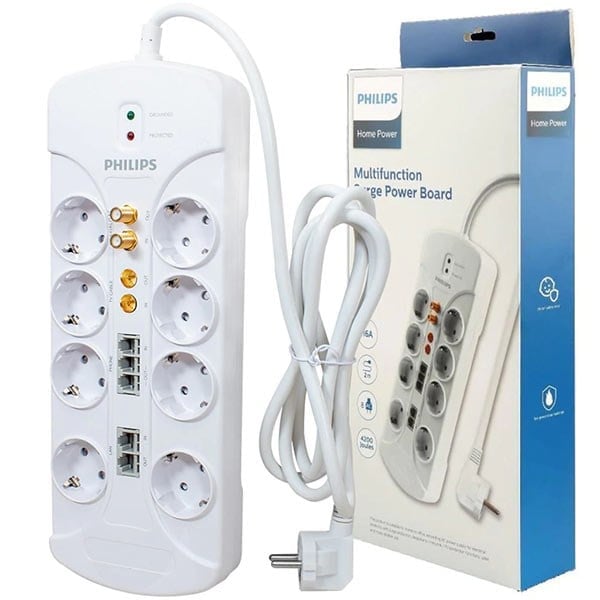 PHILIPS SPS1063A/51 4200 JOULE 8'Lİ 2 METRE KABLOLU RJ45/RJ11/ANTEN GİRİŞLİ BEYAZ AKIM KORUMALI PRİZ