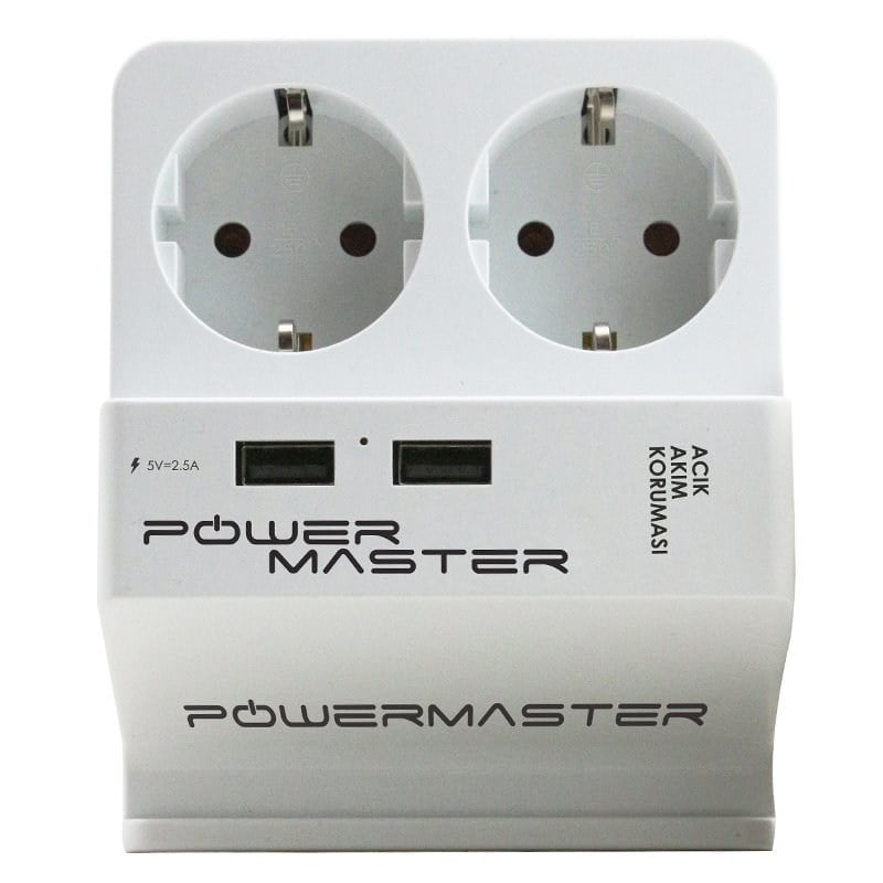 POWERMASTER 16 AMPER - 2000 WATT - 250 JOULE 2'Lİ 1.5 METRE KABLOLU ÇİFT USB'Lİ KABLOLU AKIM KORUMALI PRİZ
