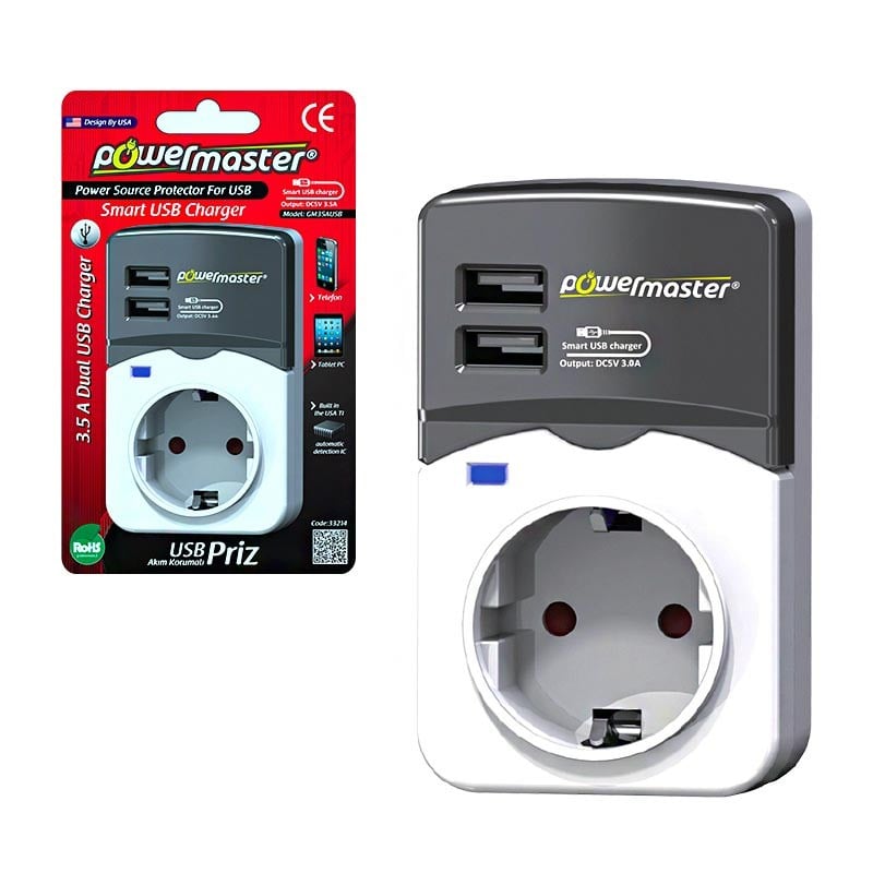 POWERMASTER GM-30AUSB 2 USB'Lİ TEKLİ AKIM KORUMALI PRİZ
