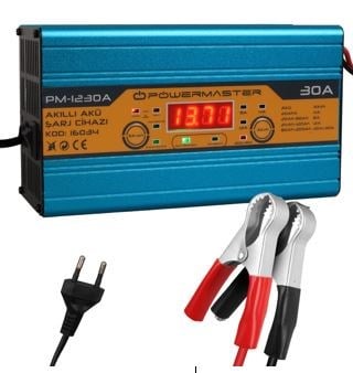 POWERMASTER PM-1230 12 VOLT MAX 30 AMPER LCD EKRANLI KURU - ASİT - JEL AKÜ ŞARJ CİHAZI  (İNGİLİZ SOKET)