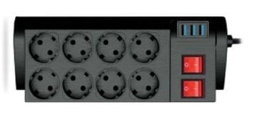 POWERMASTER PM-15766 8'Lİ 2 METRE 3X1.5MM BAKIR KABLO 3 USB'Lİ  AKIM KORUMALI GRUP PRİZ