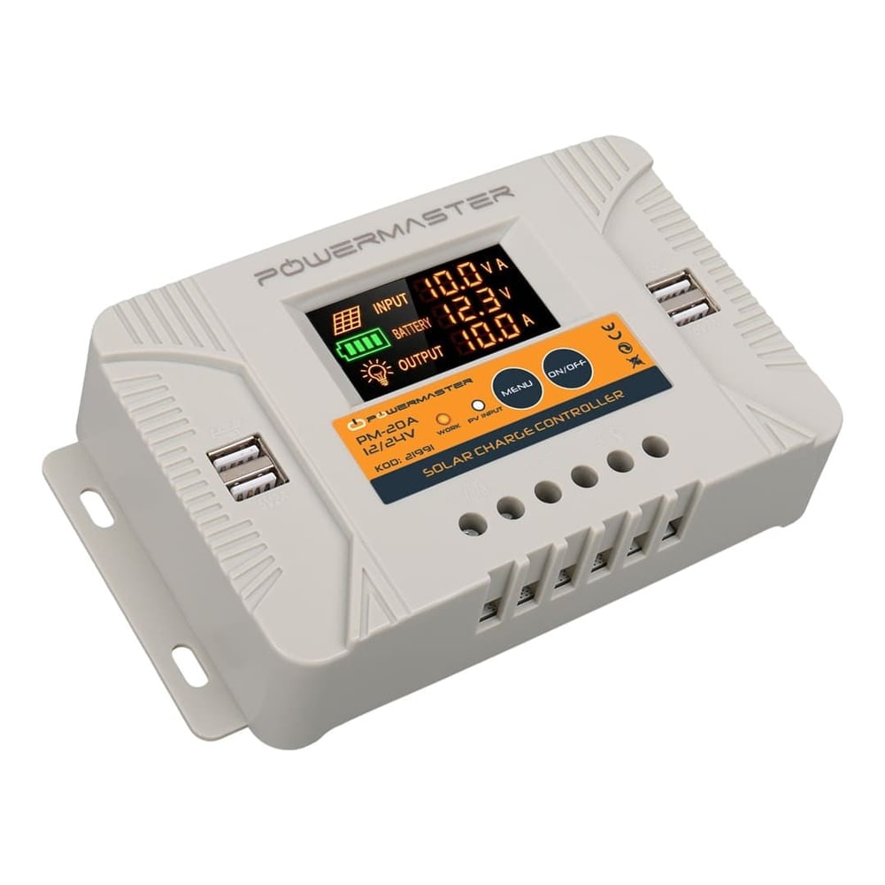 POWERMASTER PM-20A 12 VOLT - 24 VOLT - 20 AMPER 4 USB'Lİ DİJİTAL OTOMATİK SOLAR ŞARJ REGÜLATÖRÜ