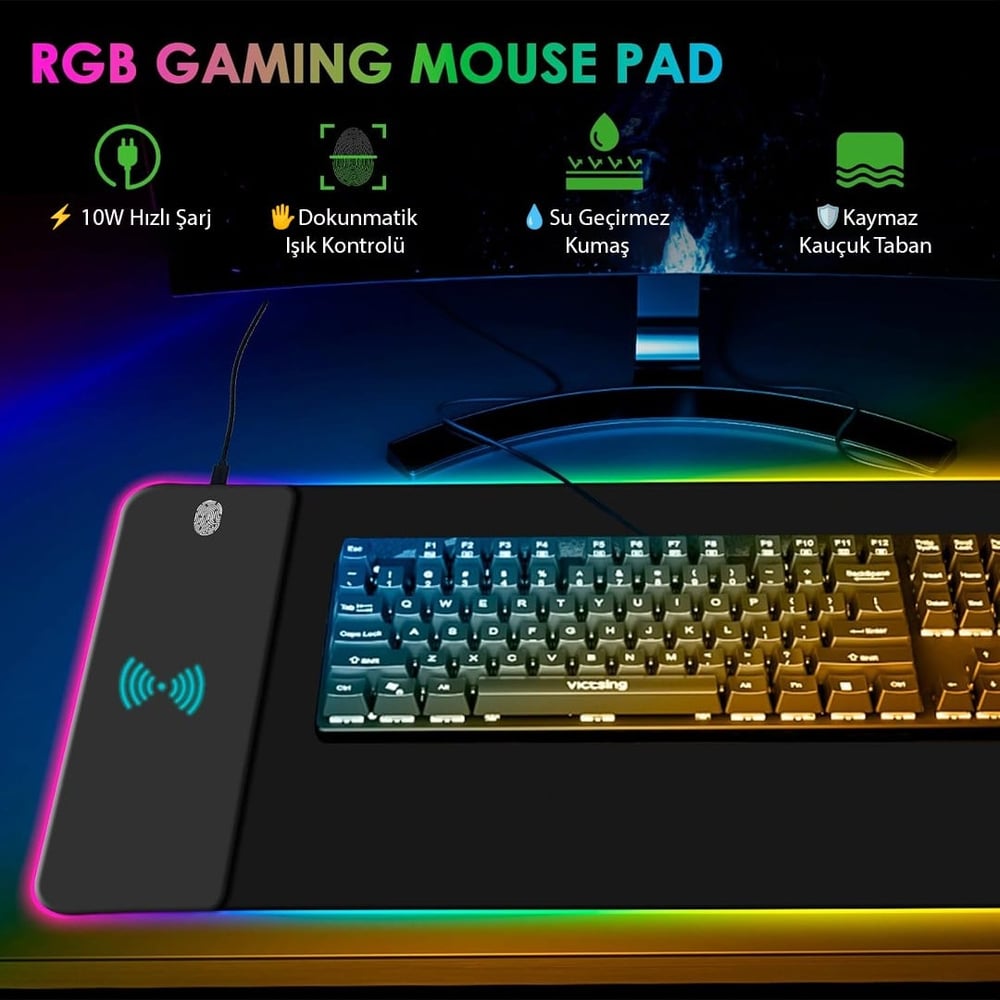 POWERMASTER PM-25115 XL RGB GAMİNG MOUSE PAD WIRELESS TELEFON ŞARJ DESTEKLİ 14 MODLU 300X800X4MM
