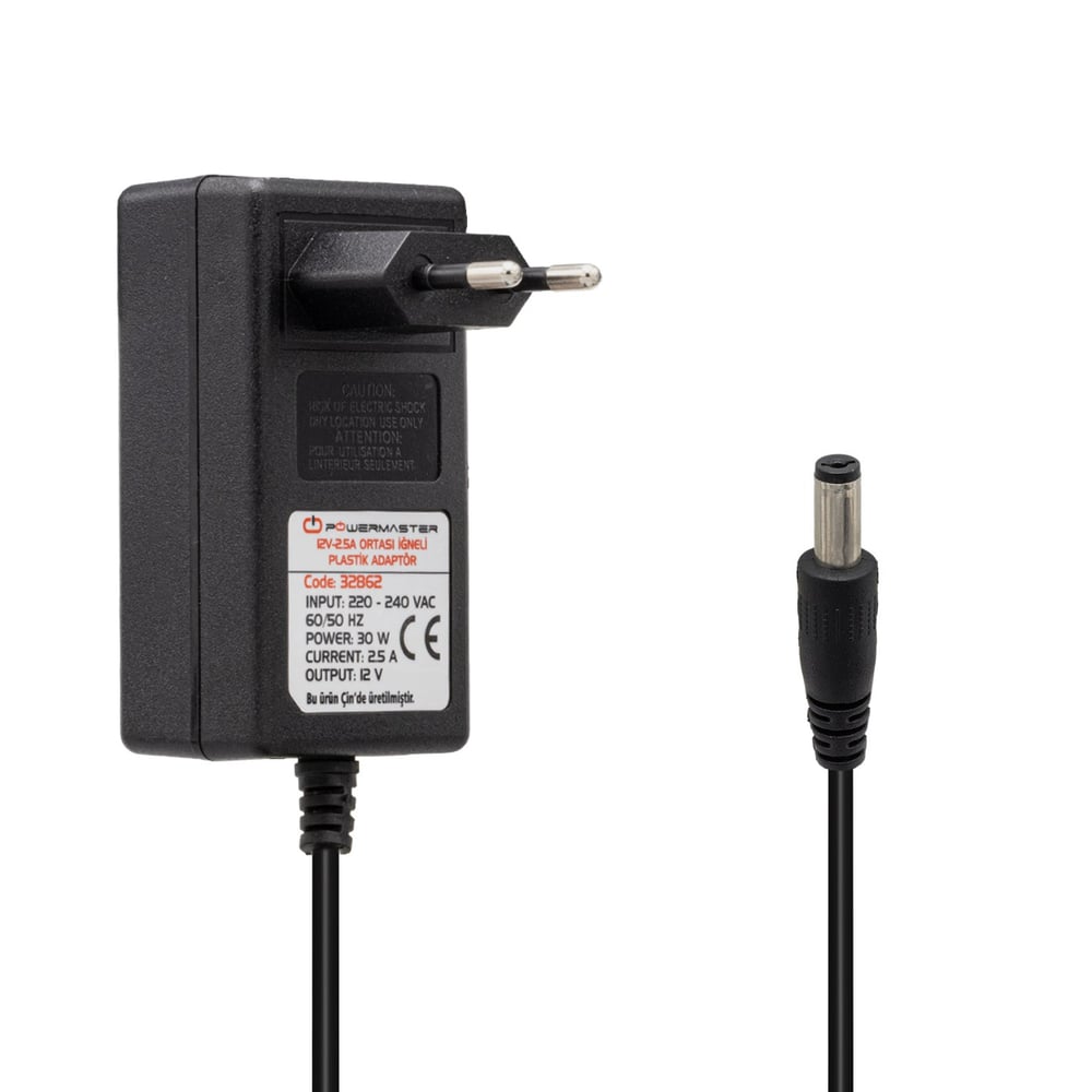 POWERMASTER PM-32862 12 VOLT - 2.5 AMPER 5.5*3.0 MM İĞNELİ UÇ PLASTİK KASA ADAPTÖR (DSMART-DİGİTURK)