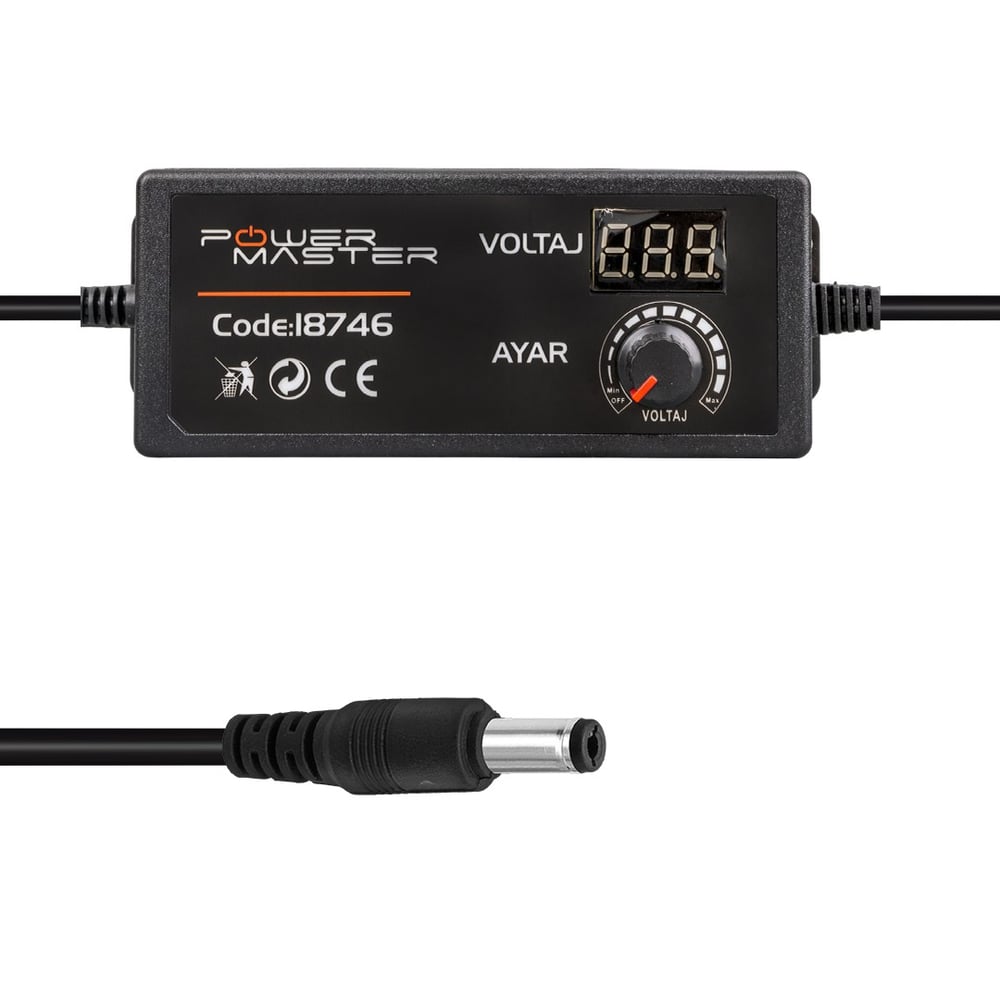 POWERMASTER PM-38599 3 VOLT - 12 VOLT - 5 AMPER 5.5*2.5 MM UÇLU 1 METRE KABLOLU AYARLI KADEMELİ ADAPTÖR