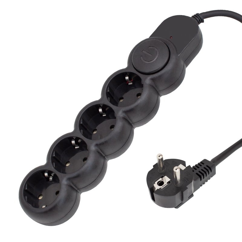 POWERMASTER PM-4904 4'LÜ 2 METRE KABLOLU ANAHTARLI SİYAH AKIM KORUMALI GRUP PRİZ