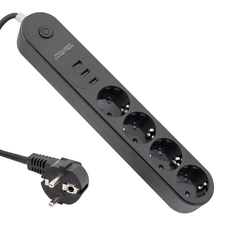 POWERMASTER PM-7748 10 AMPER - 2500 WATT 4'LÜ 1.5 METRE KABLOLU 3 USB'Lİ TERMAL AKIM KORUMALI OVAL KASA GRUP PRİZ