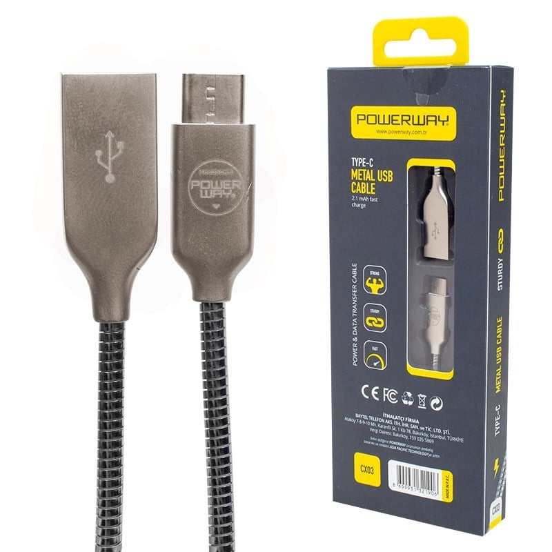 POWERWAY CX-03 2000 MA TYPE-C METAL ŞARJ VE DATA KABLOSU