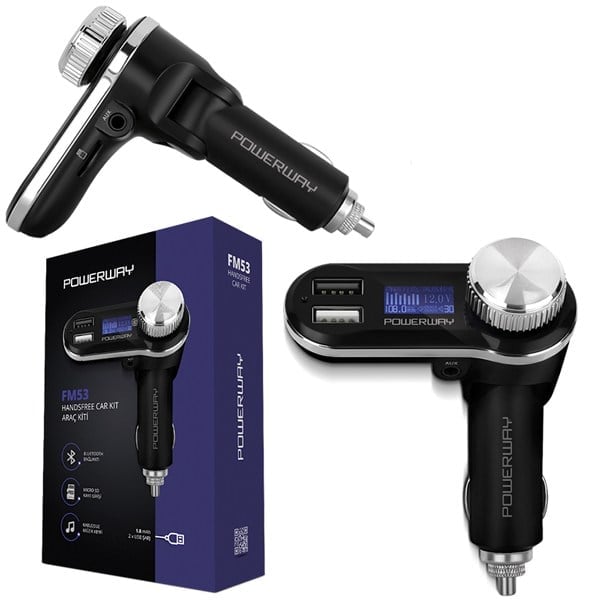 POWERWAY FM-53 EKRANLI HAFIZASIZ ÇİFT USB'Lİ SD GİRİŞLİ BLUETOOTH FM TRANSMITTER