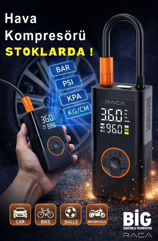 RACA DİJİTAL EKRANLI ARAÇ, LASTİK, TOP, BİSİKLET ŞİŞİRME TAŞINABİLİR HAVA KOMPRESÖRÜ