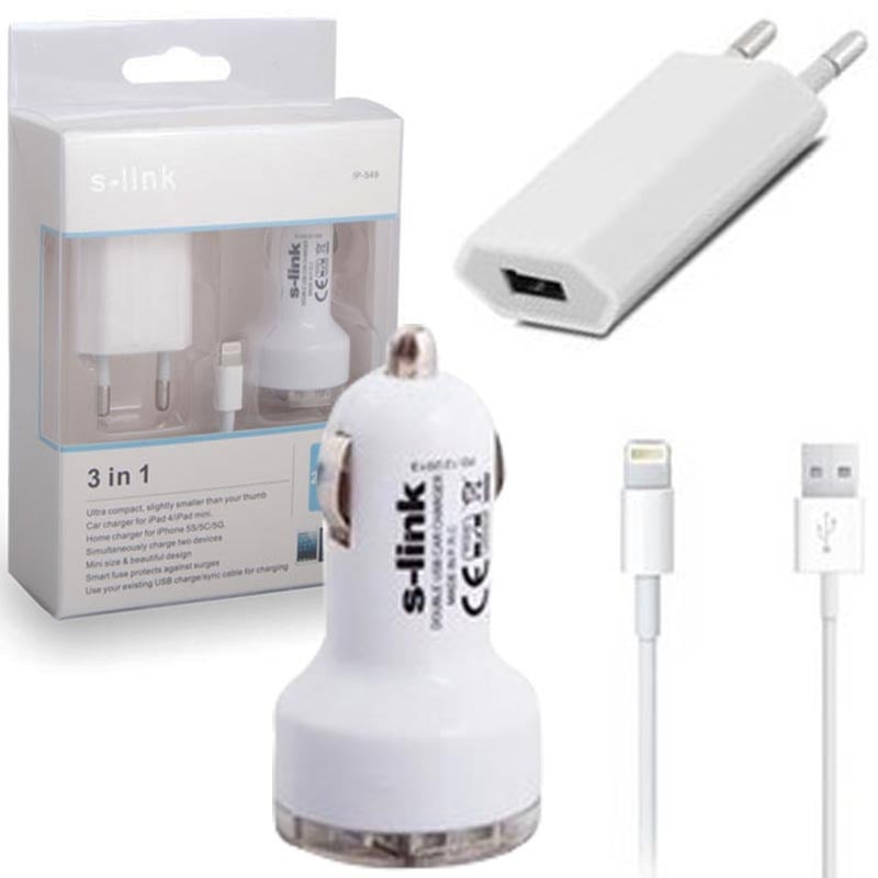 S-LINK IP-549 IPHONE 5 + IPAD MINI 2000 MA 3IN1 EV+ARAÇ DATA ŞARJ KABLOSU