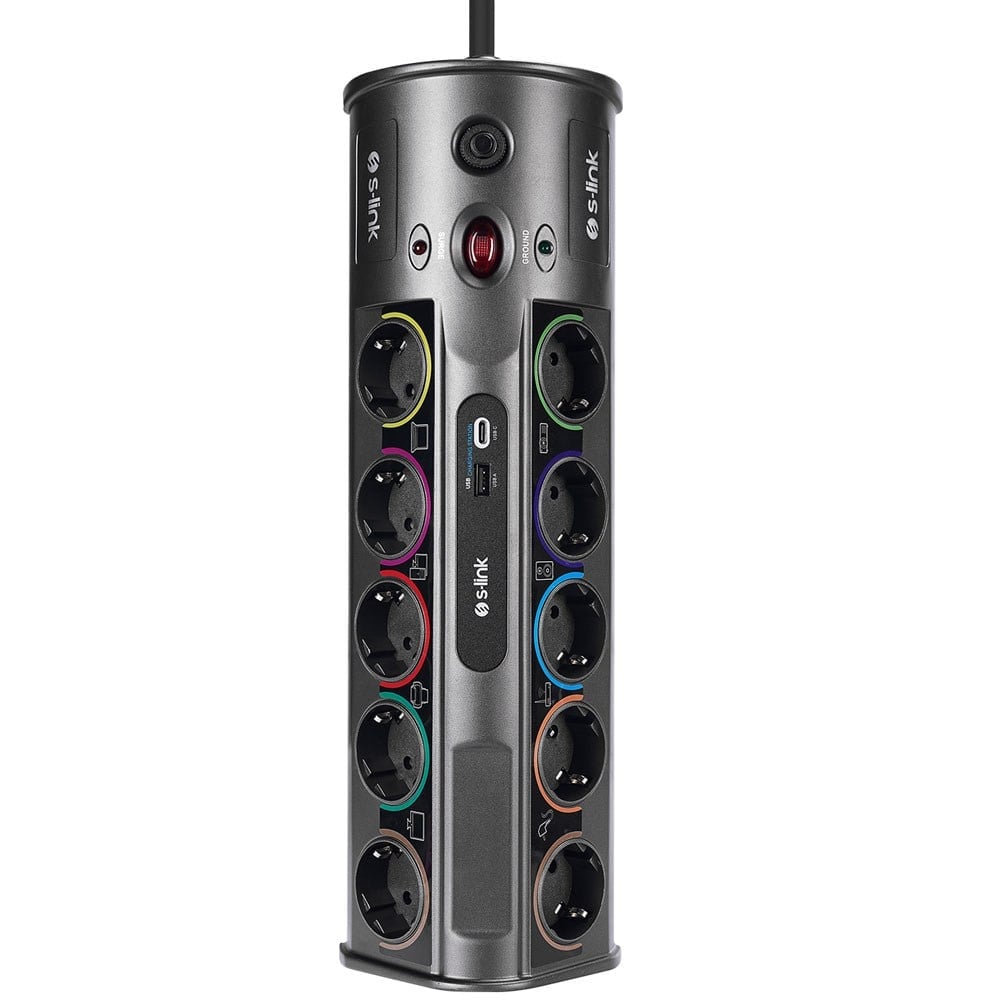 S-LINK SP10AF 1860 JOULE ANAHTARLI USB + TYPE-C GİRİŞLİ 10'LU 3 METRE KABLOLU AKIM KORUMALI PRİZ