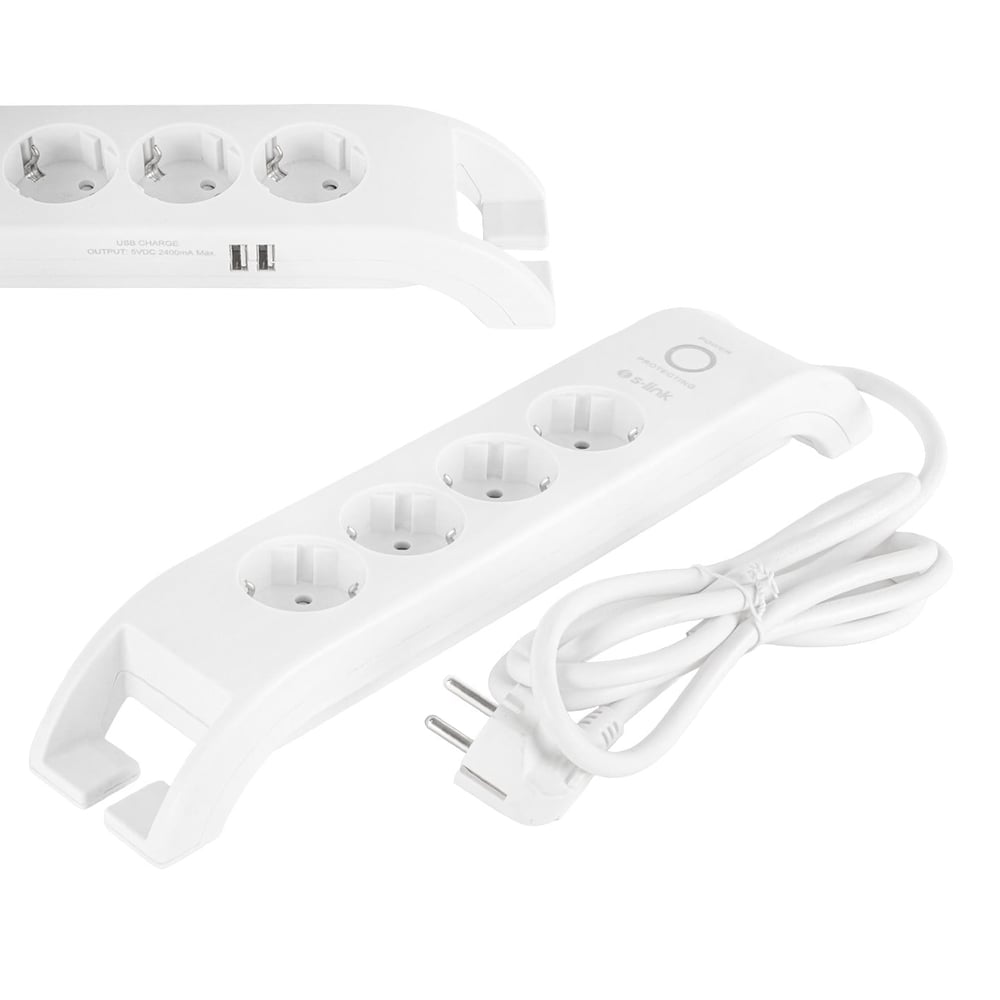 S-LINK SPG3041 4'LÜ 2 METRE KABLOLU 900 JOULE 2X2.4 AMPER USB'Lİ BEYAZ AKIM KORUMALI PRİZ