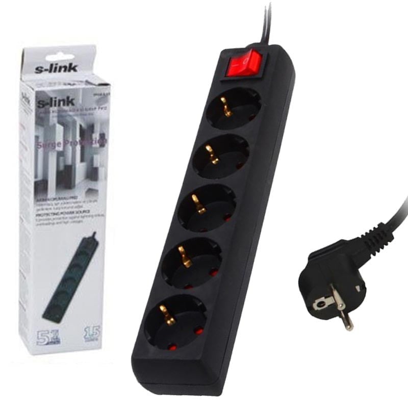 S-LINK SPG8-5-15 5'Lİ 1.5 METRE KABLOLU SİYAH AKIM KORUMALI PRİZ