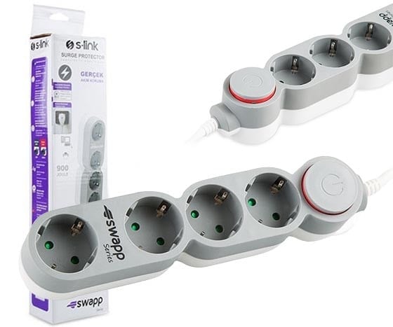 S-LINK SWAPP SPG9J04 4'LÜ 1.5 METRE KABLOLU 900 JOULE AKIM KORUMALI PRİZ ÇOKLAYICI