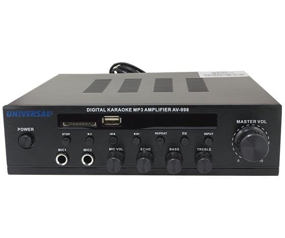 UNIVERSAL AV-998 MİNİ-2X35W USB-SD 2 MİK-12V GİRİŞLİ+220V ANFİ