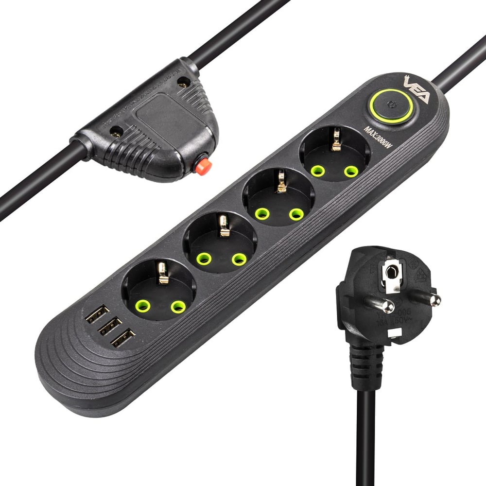 VEA VA-21559 4'LÜ 1.5 METRE KABLOLU 3 USB'Lİ SİYAH AKIM KORUMALI PRİZ