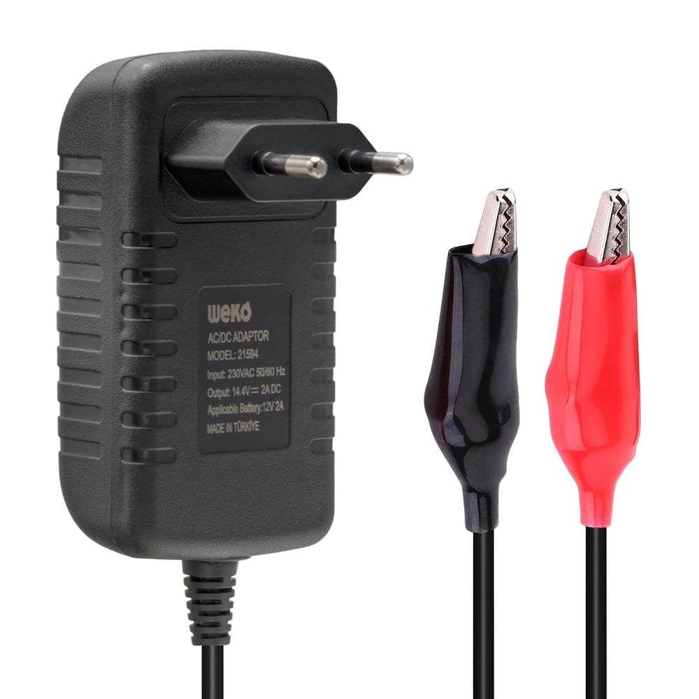 WEKO 14.4 VOLT - 2 AMPER KROKODİL UÇLU KIRMIZI YEŞİL LEDLİ YERLİ ÜRETİM AKÜ ŞARJ CİHAZI (OUT :12V-2A)