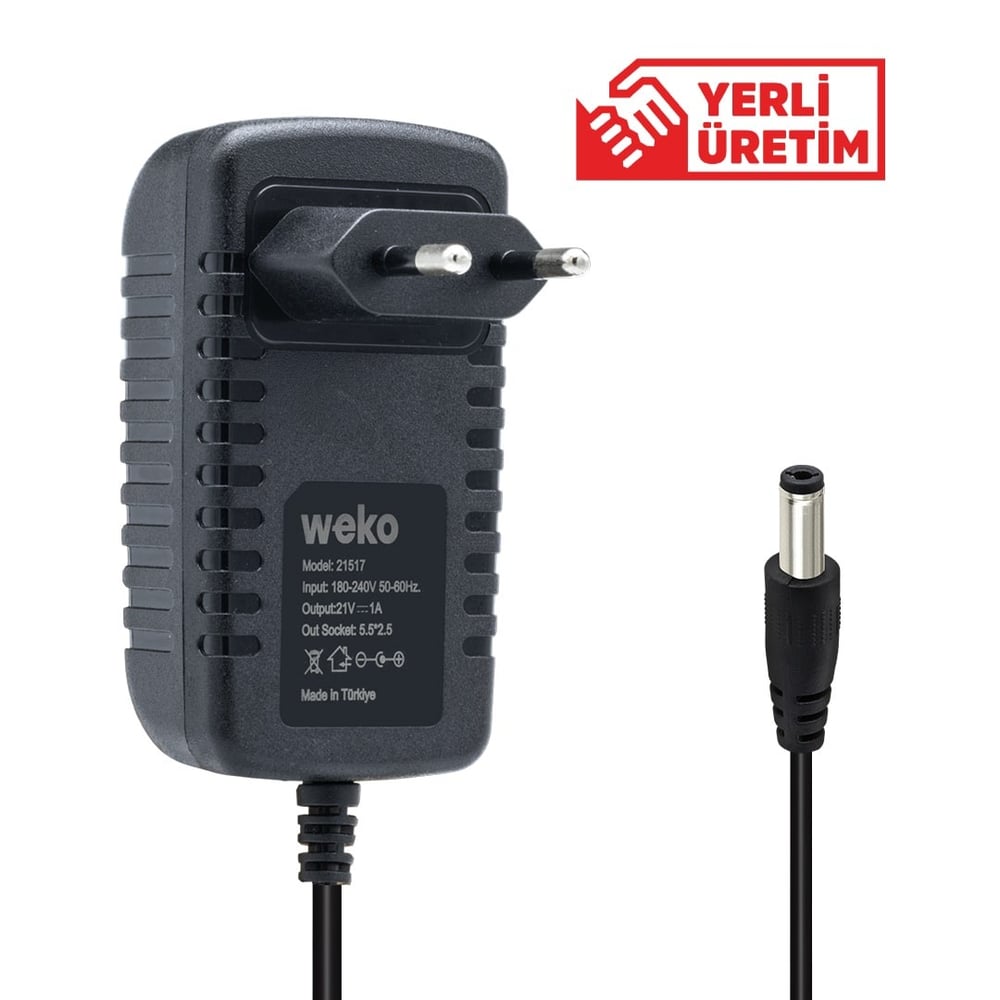WEKO 21 VOLT - 1 AMPER 5.5*2.5 UÇLU KIRMIZI YEŞİL LEDLİ PRİZ TİPİ ŞARJLI MATKAP ADAPTÖRÜ